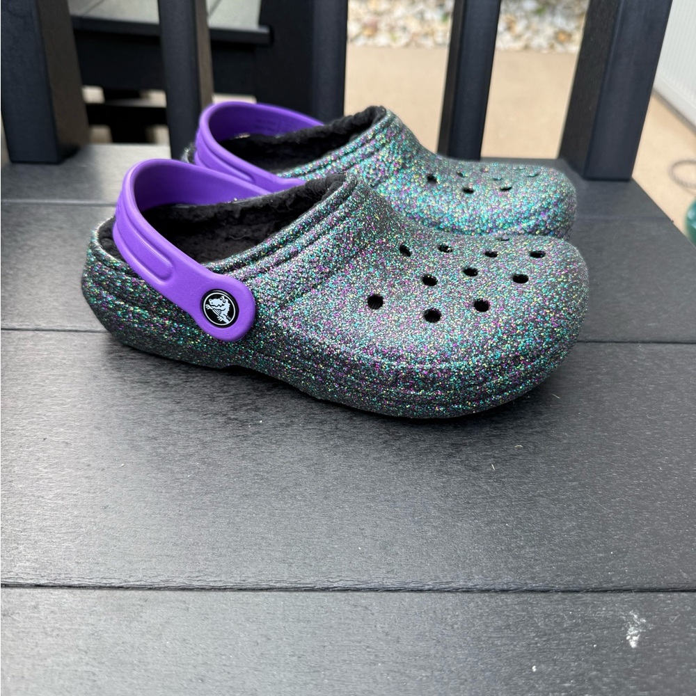 Kids Glitter CROCS fleece lined with Purple Strap - size 1